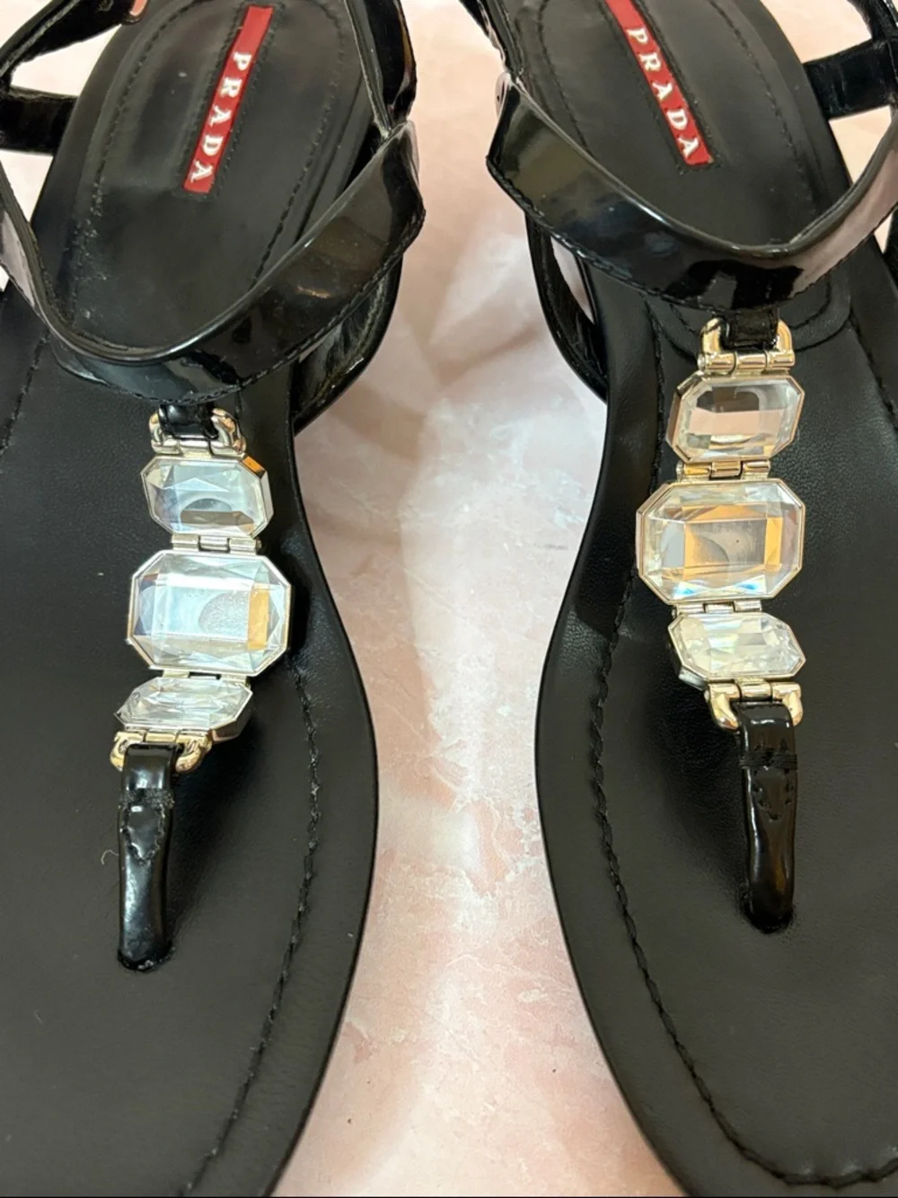 Prada Black Crystal-Embellished T-Strap Wedge Patent Leather Sandals | 37/US7 - Picture 6 of 8